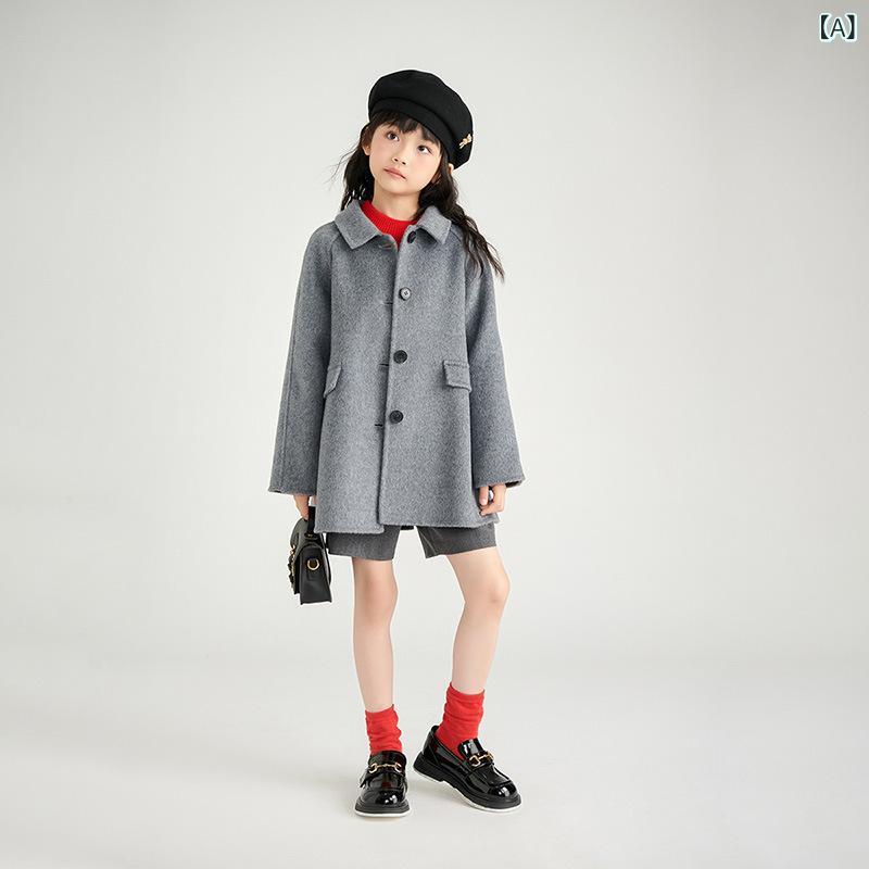 コート キッズ 女の子 秋冬 無地 厚手 100% ウール ダブルフェイス ミドル丈 ハーフ丈 アウター 襟付き 長袖 シングルボタン 柔らかな肌触り 保温性 あったか 通学 普段使い ミドルグレー ブラウン