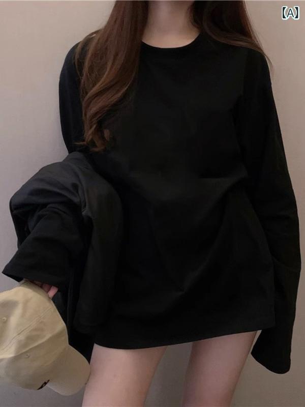 乐天商城 - Tシャツ レディース 秋 長袖 クルーネック ゆったり ルーズフィット ミドル丈 インナー 重ね着 学生 通勤 着回し 上品 再生繊維 ポリエステル 無地 白