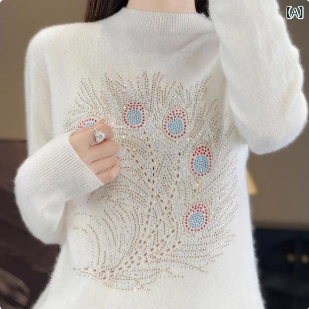 ニット レディース モックネック 長袖 プルオーバー ラインストーン装飾 エレガント 高級感 ゆったり リラックスフィット 着痩せ アクリル 秋冬 通勤 オフィス デイリー トップス