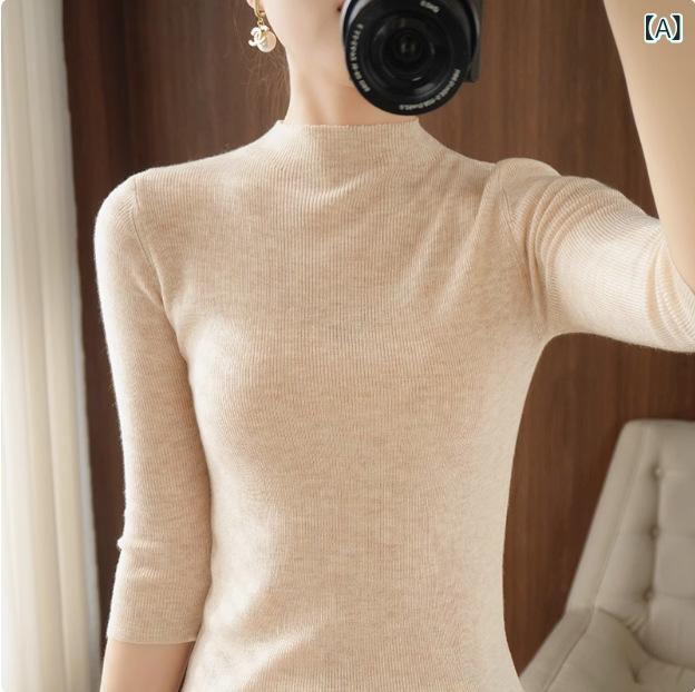 セーター レディース 秋冬 ニット トップス 3/4袖 モックネック プルオーバー 薄手 スリム インナー ウールブレンド ポリエステル 通勤 オフィス 上品 着回し