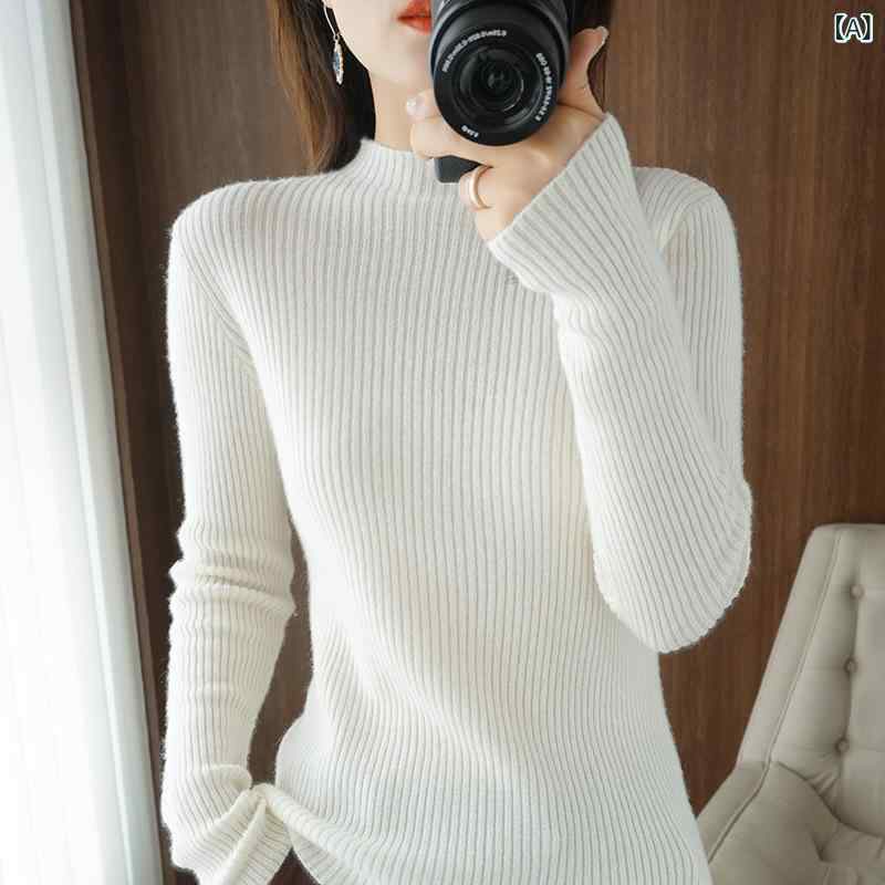 Long-Sleeved Knit - ニット レディース 秋冬 ウールブレンド モックネック プルオーバー 長袖 ゆったり ミドルゲージ リブ編み トップス オフィス 大人カジュアル 上品 きれいめ