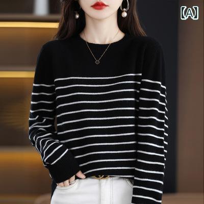 セーター レディース 秋冬 羊毛混 アクリル ストライプ 丸首 プルオーバー ゆったり 長袖 ニット 通勤 オフィス カジュアル 上品 白 黒 ベージュ キャメル ブラウン キャラメル