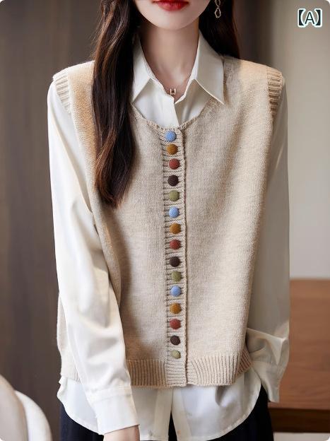 ベスト レディース 秋冬 レトロ ラウンドネック ニット ジレ デザイン性 重ね着 レイヤード ノースリーブ カラフルボタン ゆったり きれいめ 通勤 オフィス ポリエステル リブ編み