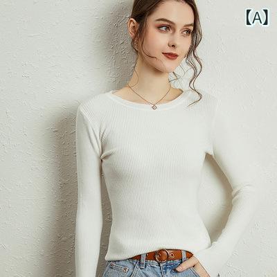 Three-Quarter Knit - ニット レディース 秋冬 ラウンドネック 長袖 スリムフィット ショート丈 ウール混 トップス インナー 通勤 オフィス カジュアル きれいめ エレガント