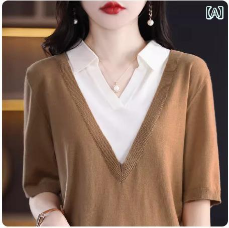 ・カテゴリ: Tシャツ・スタイル: フレッシュスイート、プリンセス風・: フェイクレイヤード・主な素材: 綿95%以上・ネックライン: ポロネック・袖丈: 五分袖・袖タイプ: 通常袖・柄: 配色切り替え・加工: 切り替え・シルエット: ルー...