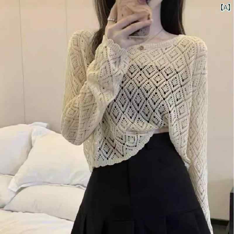 ニット レディース 透かし編み プルオーバー トップス 薄手 春夏 クルーネック 長袖 フリル襟 ショート丈 高級感 かわいい(4)