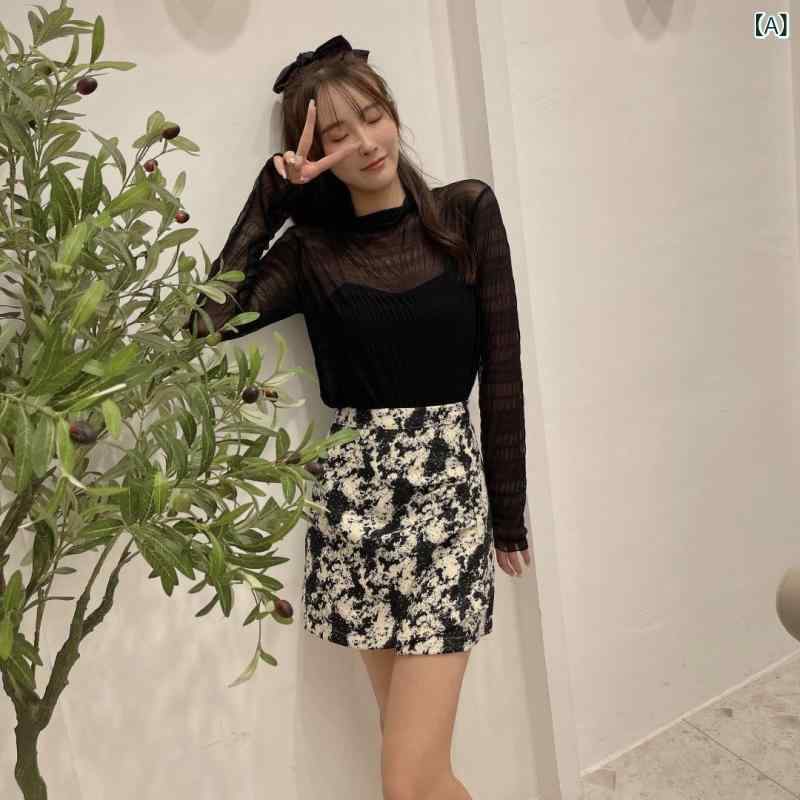 トップス レディース 秋冬 モックネック 長袖 シャーリング プリーツ レース チュール シアー インナー ストレッチ 細見え 重ね着 上品 エレガント フェミニン かわいい