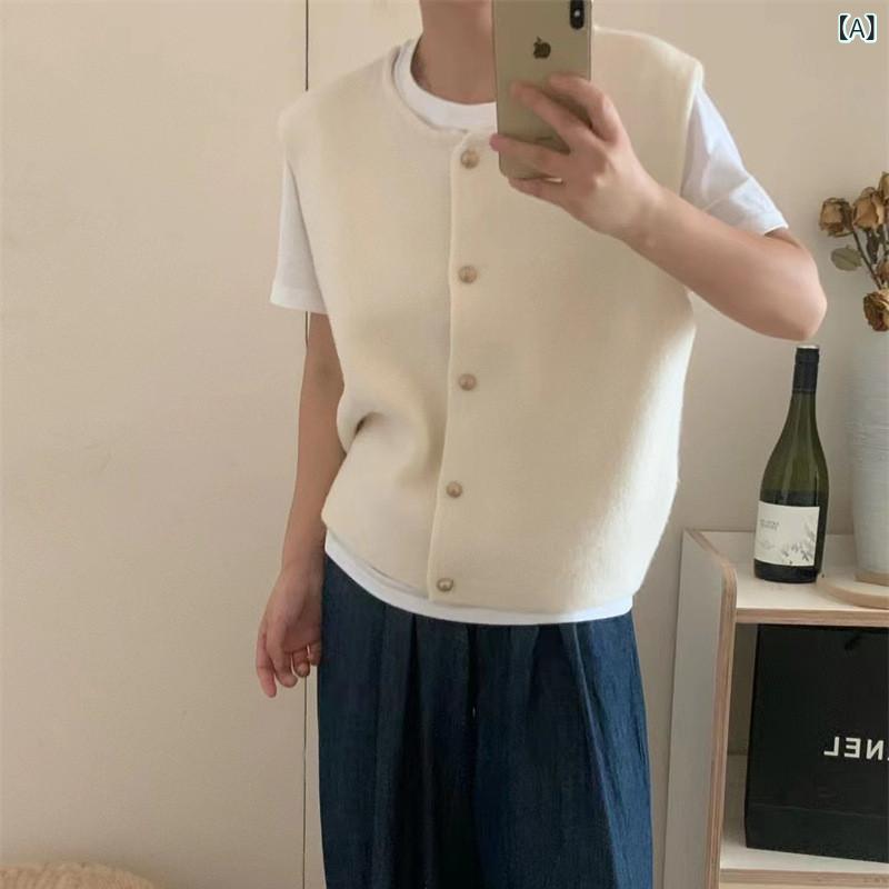 ニットベスト レディース フレンチレトロ 金ボタン ラウンドネック ゆったり オーバーサイズ 体型カバー 細見え 韓国ファッション 上品 フェミニン 着回し 秋冬 レイヤード 重ね着 ジレ