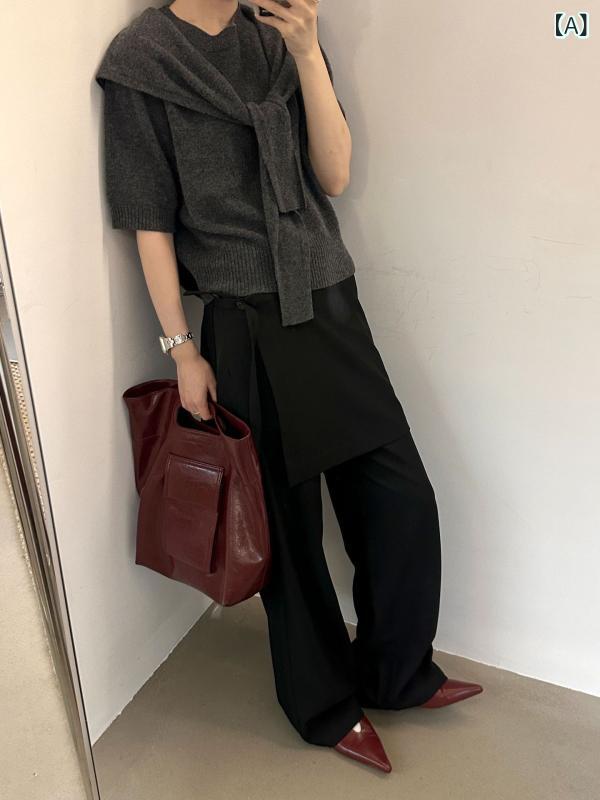 カジュアルスラックス レディース 秋冬 ハイウエスト ストレート 無地 ユニークデザイン レイヤード おしゃれ ポリエステル デイリーユース ノンアイロン