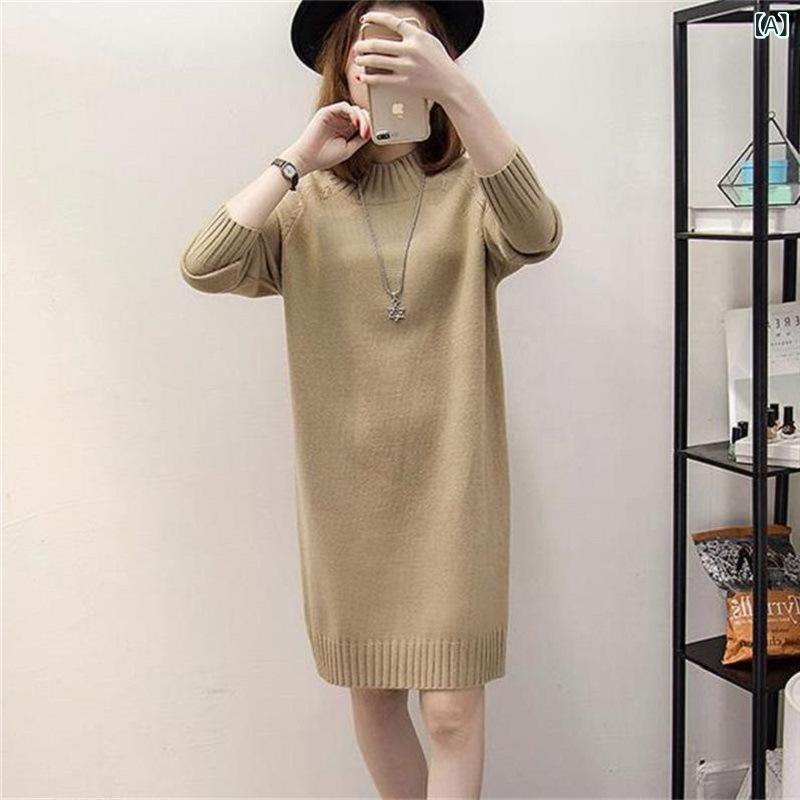 ニット レディース 女性用 秋冬 無地 半ハイネック 長袖 トップス プルオーバー セーター ミドル丈 チ..