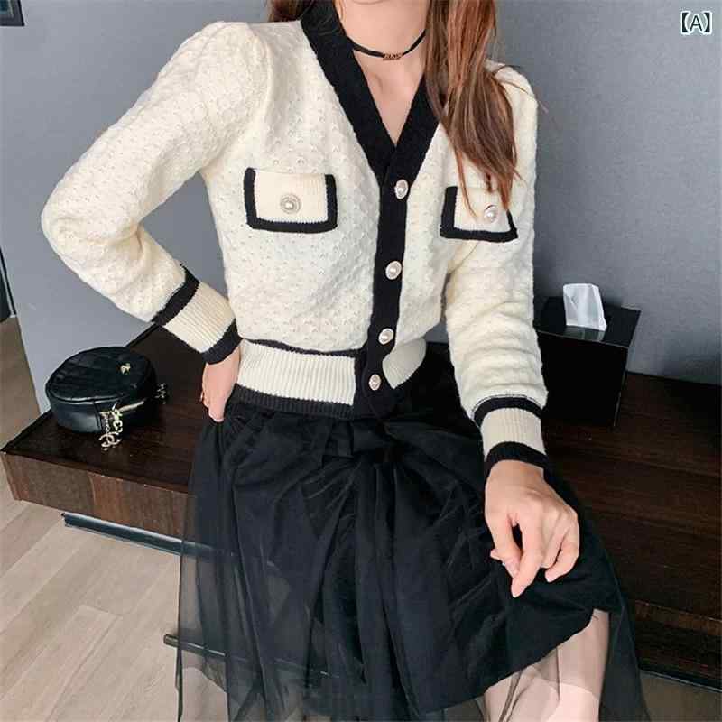 Knitting, Sweaters - カーディガン レディース 薄手 フレンチシック Vネック 長袖 シングルブレスト 韓国風 黒 白 バイカラー 初秋 上品 エレガント 着回し オフィス 通勤 お出かけ 高見え 大人フェミニン