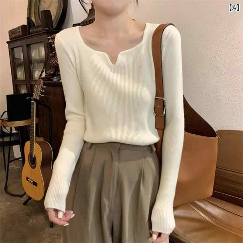 Three-Quarter Knit - トップス レディース 春秋 フレンチ Vネック 長袖 リブ編み スリムフィット カットソー 知的 上品 オフィス 通勤 再生繊維 伸縮性 着回し デイリー