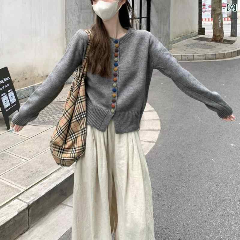 カーディガン レディース レトロ ワインレッド カラフルボタン 高級感 エレガント フェミニン 着回し ラウンドネック 長袖 無地 アクリル ニット セーター