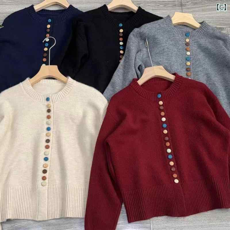 narukiのカーディガン レディース レトロ ワインレッド カラフルボタン 高級感 エレガント フェミニン 着回し ラウンドネック 長袖 無地 アクリル ニット セーター｜アングル3