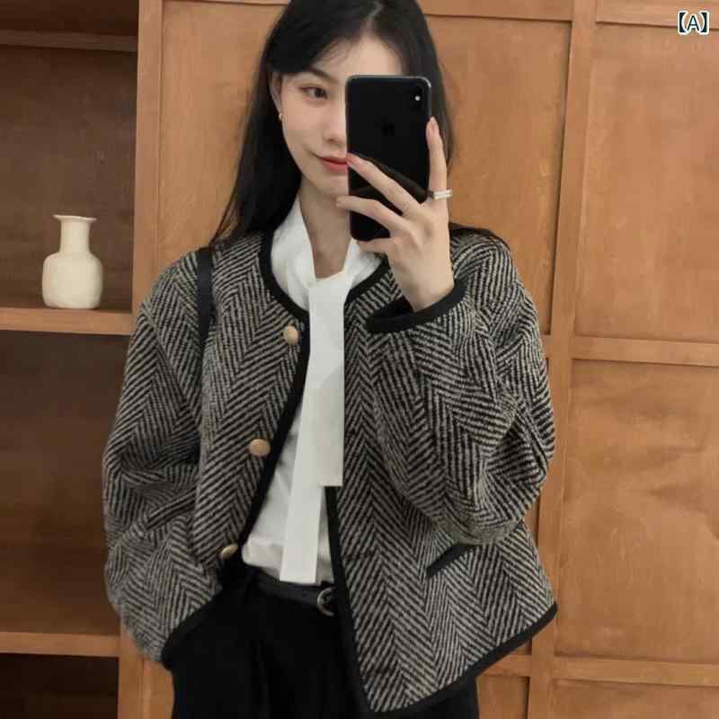 ジャケット カーディガン レディース フレンチレトロ エレガント 上品 高級感 ツイード ショート丈 切り替え クルーネック 長袖 ヘリンボーン柄 オフィス 通勤 スリーシーズン(4)