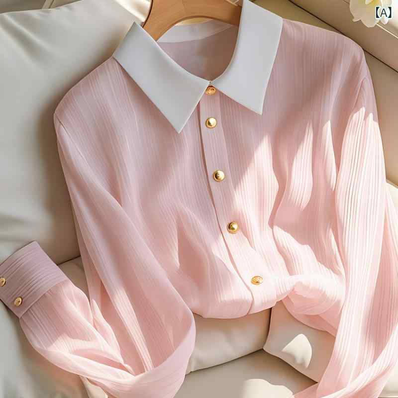 樂天商城 - ブラウス レディース トップス 体型カバー お腹カバー ゆったり 長袖 ピンク シフォン ポリエステル 上品 高級感 おしゃれ 薄手 軽量 通気性 涼しげ 通勤 オフィス 普段使い カジュアル