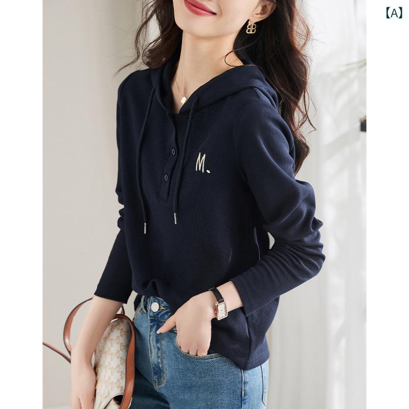 Tシャツ レディース 長袖 フード付き ロゴ刺繍 デザイン性 韓国風 おしゃれ スリム 着痩せ 体型カバー 着回し コットン トップス 秋冬 ..