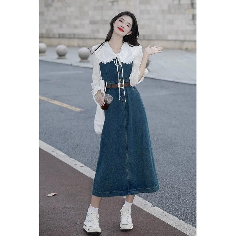 スカートセットアップ レディース ドールカラーブラウス 長袖 デニム ウエストシェイプ Aライン ロング マキシ丈スカート 上品 エレガント きれいめ カジュアル コットン 春秋 通勤 お出かけ