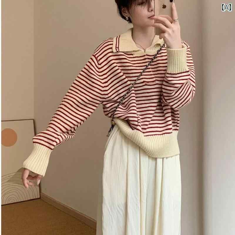 Long-Sleeved Knit - ニット レディース 女性用 ポロ襟 ポロカラー 長袖 ストライプ ボーダー 韓国風 韓国ファッション カレッジスタイル スクールテイスト 高級感 ゆったり オーバーサイズ リラックス カジュアル 春夏