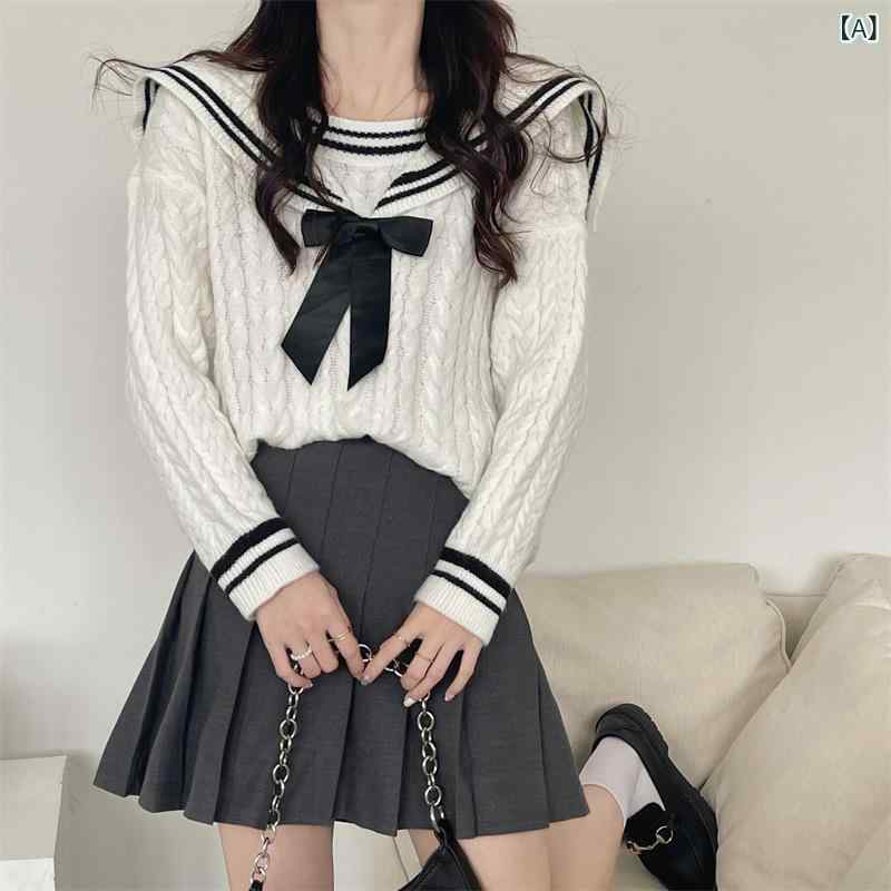ニット トップス レディース 韓国風 セーラーカラー リボン JK風 スクールスタイル ゆったり ルーズ プルオーバー アクリル ウール混 ミドルゲージ 長袖 ホワイト フェミニン カジュアル 秋冬