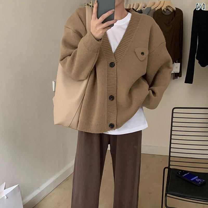 ニットカーディガン レディース フレンチレトロ 秋冬 Vネック 長袖 ミドル丈 フェイクポケット 韓国風 ゆったり オーバーサイズ アウター アクリル 着回し 快適 カジュアル