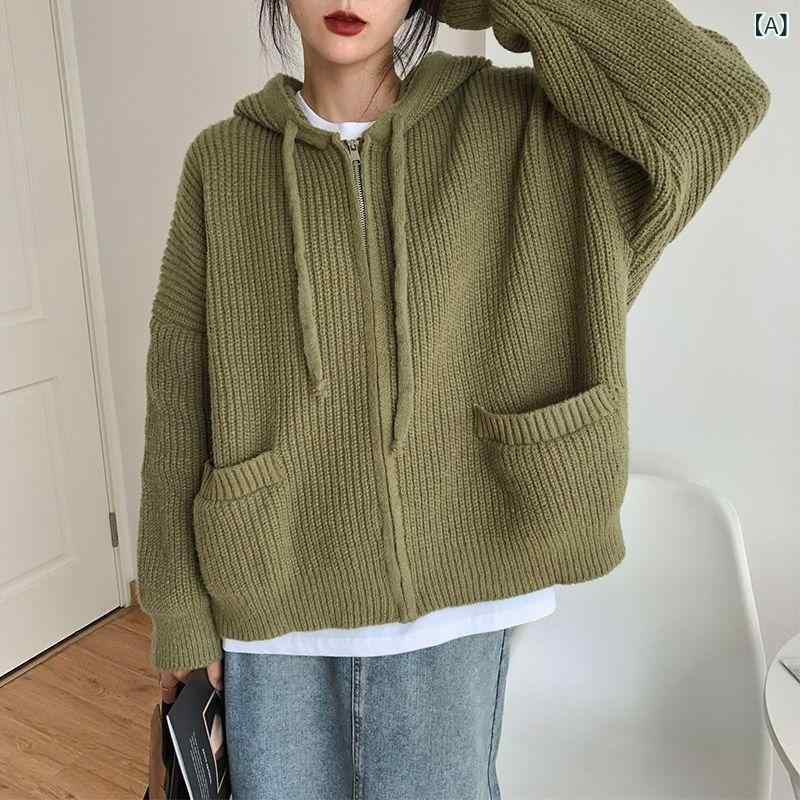 Three-Quarter Knit - ニットカーディガン レディース 女性用 秋冬 ジップアップ フード付き ゆったり ビッグシルエット オーバーサイズ 韓国ファッション カジュアル リラックス ゆるコーデ レトロ ダブルポケット アクリルニット 厚手 ミドル丈