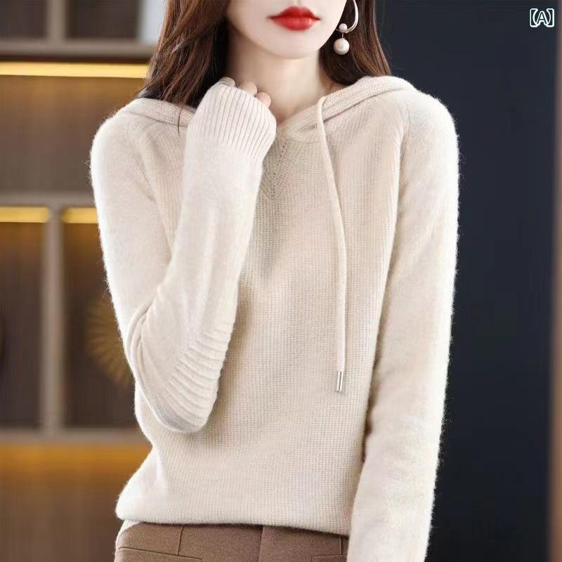 ニット レディース 韓国風 フード付き ドローストリング プルオーバー 高級感 ゆったり 長袖 アクリル混 ミドルゲージ 無地 春夏 カジュアル リラックス 大人カジュアル