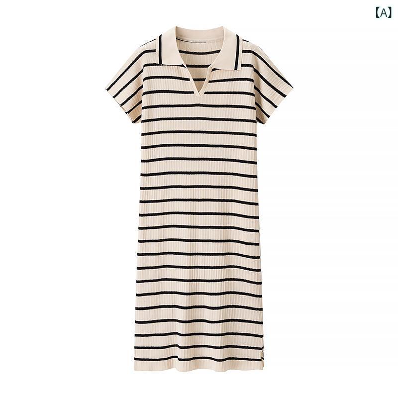 ワンピース レディース 春夏 ゆったり 体型カバー 着痩せ ノースリーブ ニット ストライプ ロング丈 小柄 Aライン クルーネック ポリエステル ベーシック エレガント きれいめ 通勤 オフィス 普段使い(4)