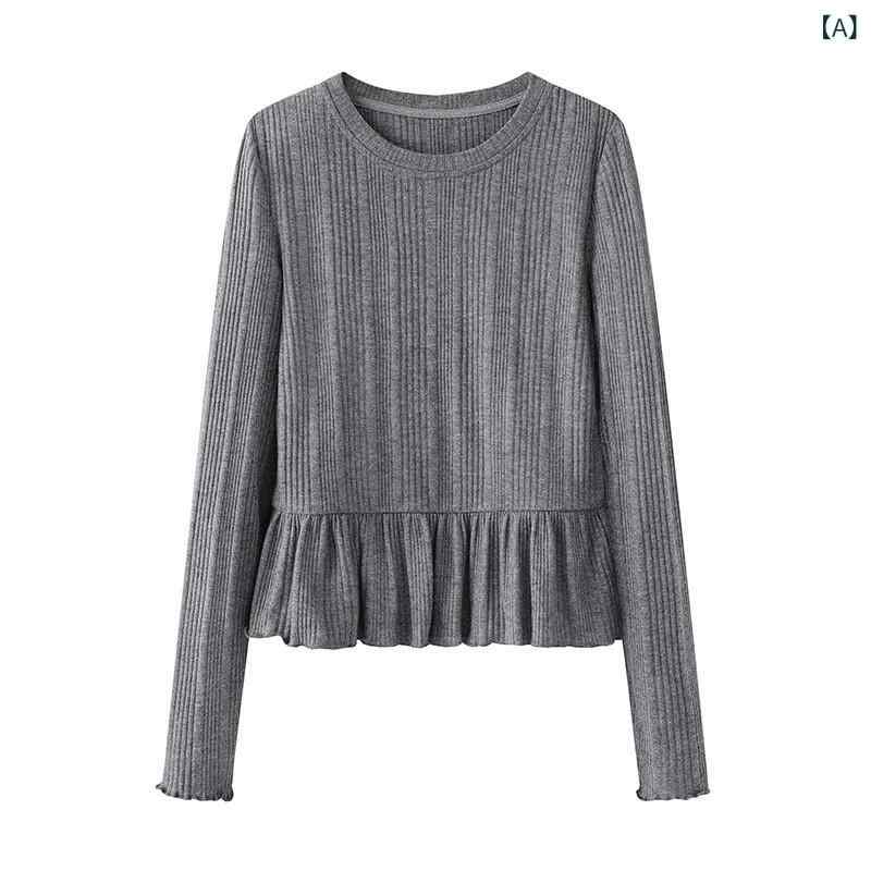 Tシャツ レディース 春夏 長袖 クルーネック 細見え スリムフィット フリル 切り替え ドロップショルダー プルオーバー インナー トップス カットソー 再生繊維 無地 韓国風 カジュアル ブラック