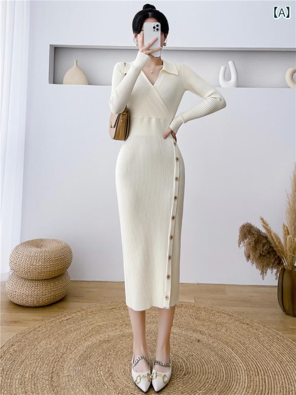 ワンピース レディース フレンチシック 春秋 ミドル丈 ハイウエスト 襟付き 長袖 ニット タイト Iライン ドレス エレガント スタイルアップ きれいめ 無地 レーヨン