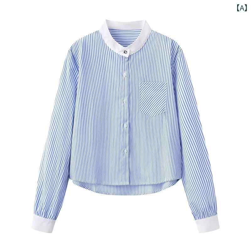 ブラウス レディース 春夏 長袖 ブルー ストライプ柄 ラウンドネック ポリエステル 小柄 フレンチカジュアル 通勤 オフィス きれいめ デザイン トップス(4.0)