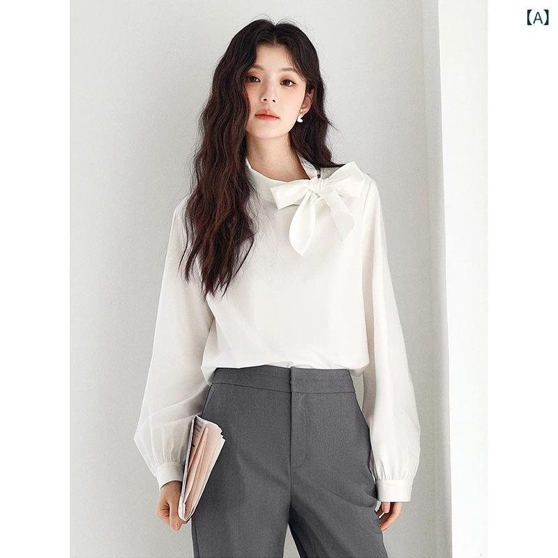 ・カテゴリ: シャツ・スタイル: エレガント、オフィス・主な素材: ポリエステル50-70%・柄: 無地・ネックライン: ボウタイ・袖丈: 長袖・袖タイプ: レギュラー袖・シルエット: ルーズフィット・着丈: 標準・加工: パッチワーク、切...