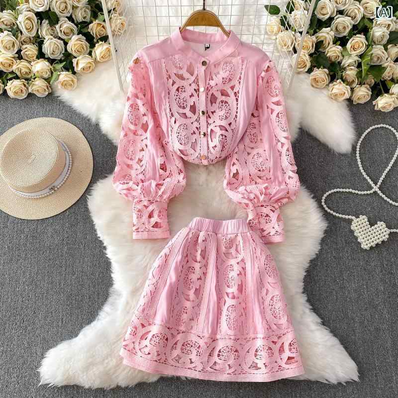 乐天商城 - セットアップ レディース 女性用 フェミニン 上品 春夏 ピンク クロシェ レース 透かし編み ランタンスリーブ 長袖 ブラウス インナーキャミソール ハイウエスト ミニスカート スタイルアップ 普段使い 3点セット