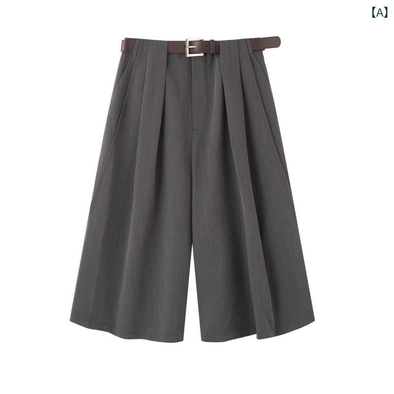 スラックス レディース 秋冬 ファッション ゆったり ストレート ハイウエスト 七分丈 カジュアル ポリエステル 切り替え チャコールグレー 普段使い