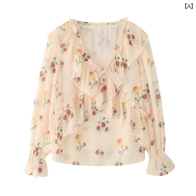 ブラウス レディース フレンチ ラッフル ストロベリー柄 シフォン Vネック 長袖 プルオーバー ゆったり 上品 エレガント 高級感 ポリエステル 通勤 オフィス 春夏 アイボリー