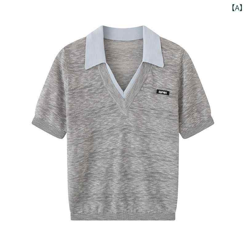 ニット レディース 春夏 上品 通勤 オフィス スカイブルー バイカラー Vネック 半袖 ゆったり ショート丈 プルオーバー ポリエステル ..