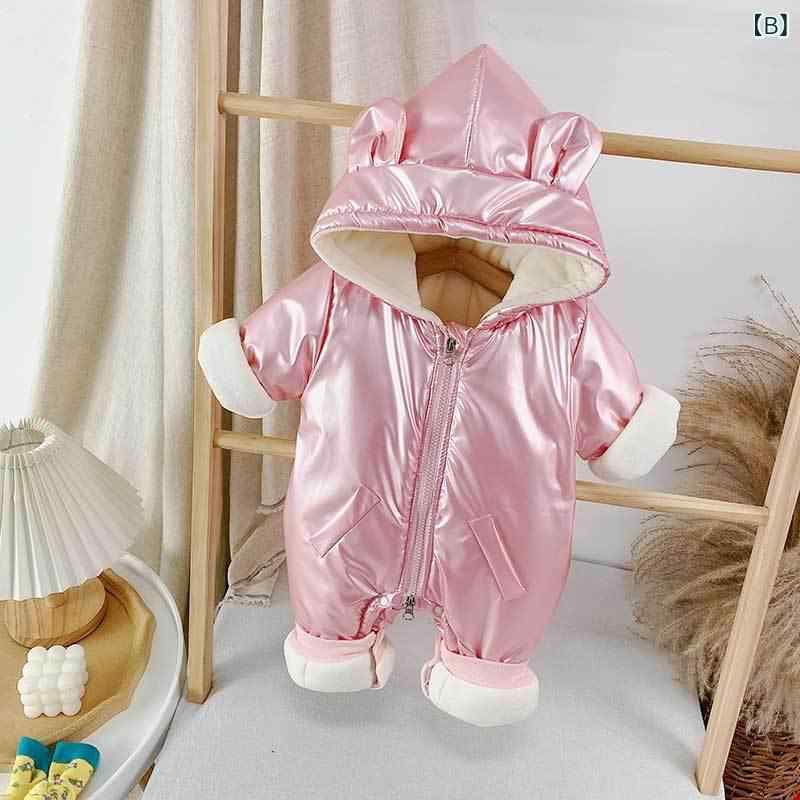 ベビー服 乳幼児 新生児 男女兼用 冬用 長袖 ロンパース カバーオール つなぎ 裏起毛 厚手 肉厚 韓国風 光沢 シャイニー くま柄 ポリエステル 外出着 お出かけ 防寒 ホワイト ブルー ピンク オレンジ 2