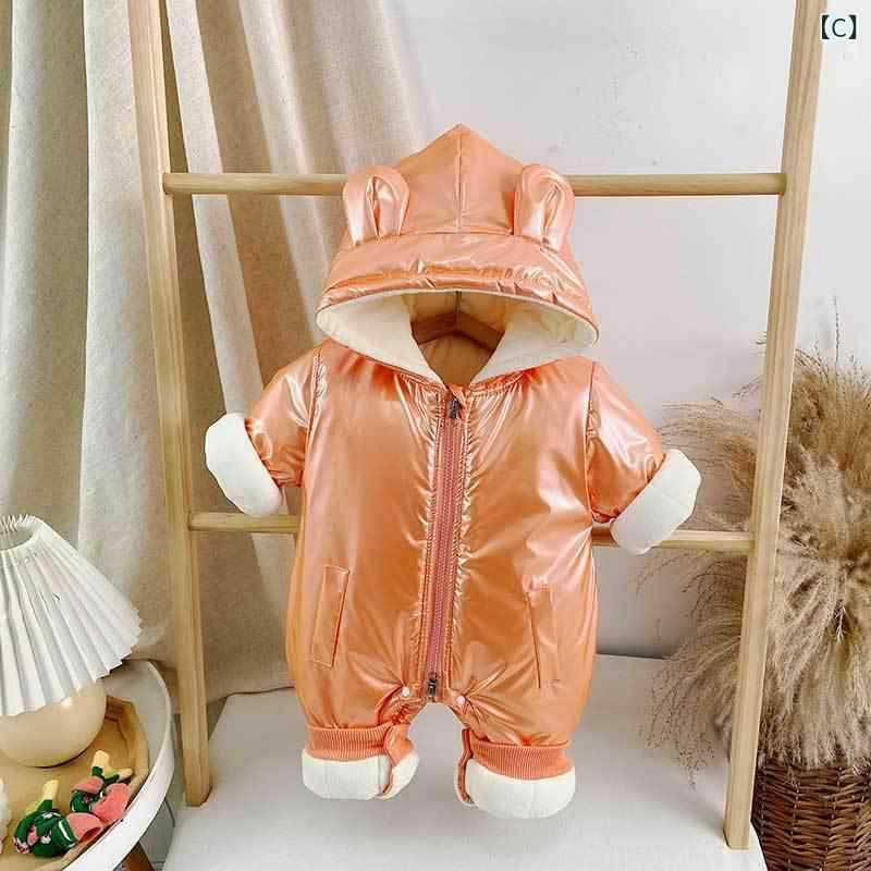 ベビー服 乳幼児 新生児 男女兼用 冬用 長袖 ロンパース カバーオール つなぎ 裏起毛 厚手 肉厚 韓国風 光沢 シャイニー くま柄 ポリエステル 外出着 お出かけ 防寒 ホワイト ブルー ピンク オレンジ 3