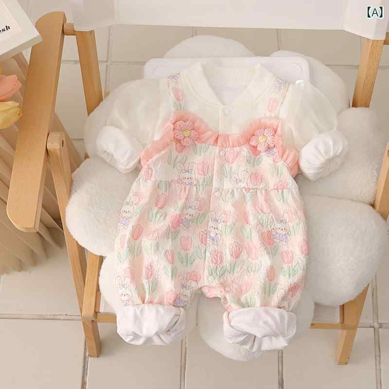 ロンパース 新生児 女の子 ベビー服 かわいい 春秋 パールシアー袖 チューリップ柄 お出かけ プリンセ..