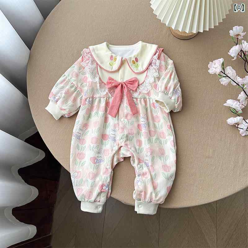 ・カテゴリ: ロンパース・スタイル: 韓国・主な素材: ポリエステル95%・袖丈: 長袖・厚さ: 普通・開閉様式: シングルボタン・性別: 女の子・対象年齢: 新生児 (0～1歳、身長80cm以下)・カラー展開: 小花うさぎ柄ピンク、水仙花柄ピンク・サイズ展開: 66cm、73cm、80cm、90cm