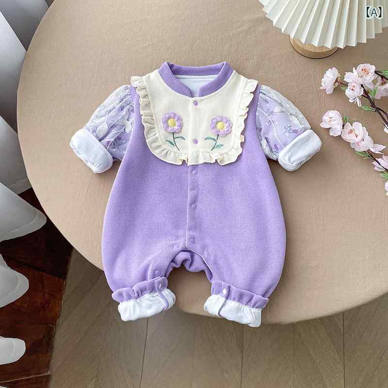 Coverall - ロンパース ベビー 女の子 春秋 長袖 コットン 綿 お姫様風 プリンセス フェイクレイヤード チュール袖 切り替え 刺繍 かわいい おしゃれ 韓国風 お出かけ デイリーウェア パープル ピンク