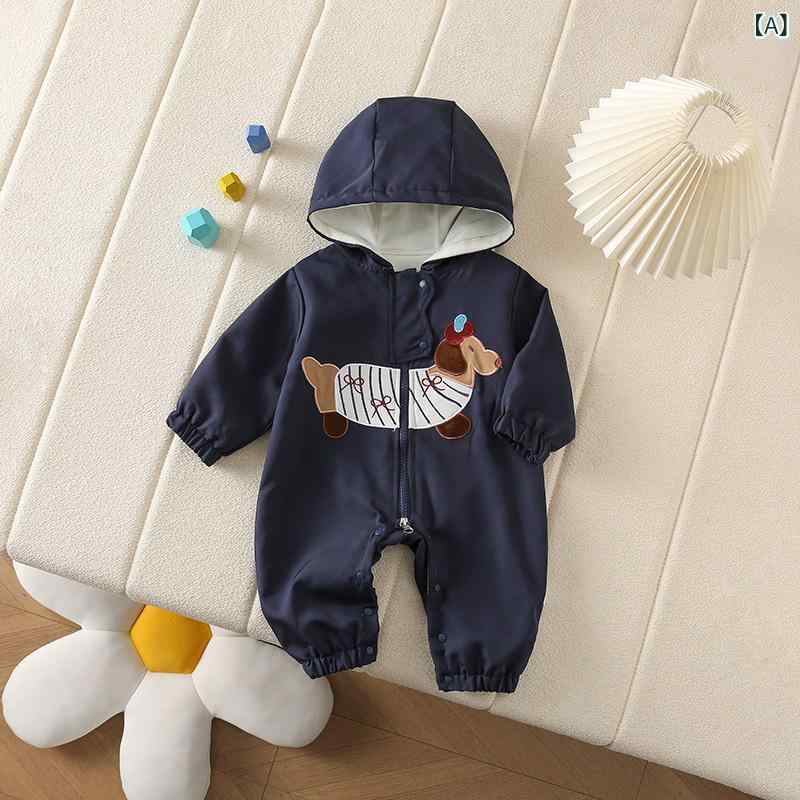 ロンパース ベビー カバーオール 春秋 裏起毛 フード付き ポリエステル キャラクター ダックスフンド ..