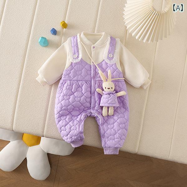 ロンパース カバーオール ベビー 女の子 赤ちゃん 新生児 幼児 冬物 厚手 かわいい ウサギ フェイクサロペット 吊りスカート風 お出かけ 抱っこ ポリエステル