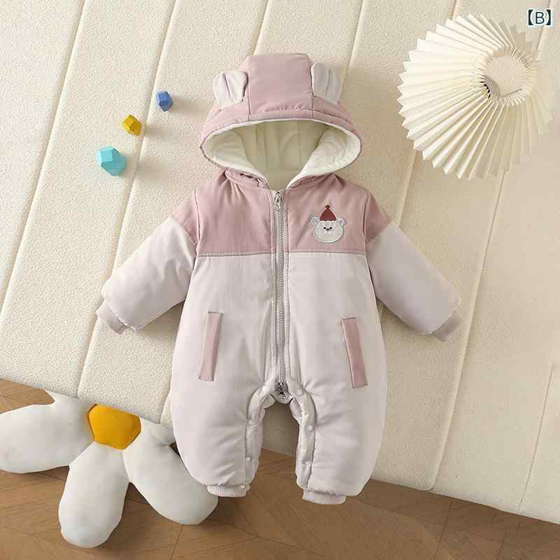 ロンパース ベビー 男女兼用 新生児 長袖 フード付き 裏起毛 厚手 ポリエステル キャラクター トラ柄 防寒 あったか カジュアル お出かけ ファスナー カバーオール 2