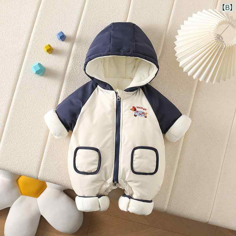 ロンパース ベビー 子供 冬 防寒 暖かい フード付き カバーオール 厚手 ポリエステル混紡 ダックスフンド柄 前開き ジッパー 新生児 幼児 かわいい おしゃれ