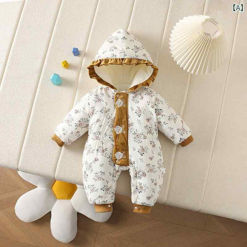 ロンパース 女の子 ベビー 冬用 長袖 厚手 保温 あったか かわいい 小花柄 ローズ プリンセス風 フード付き 新生児 カバーオール ポリエステル 前開き