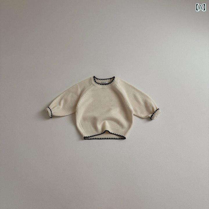 Overalls - ニット キッズ 男女兼用 男の子 女の子 春秋 韓国風 ラウンドネック 切り替え 長袖 プルオーバー かわいい 綿 無地 セーター 柔らかな肌触り 普段使い トップス ベージュ ダークブラウン