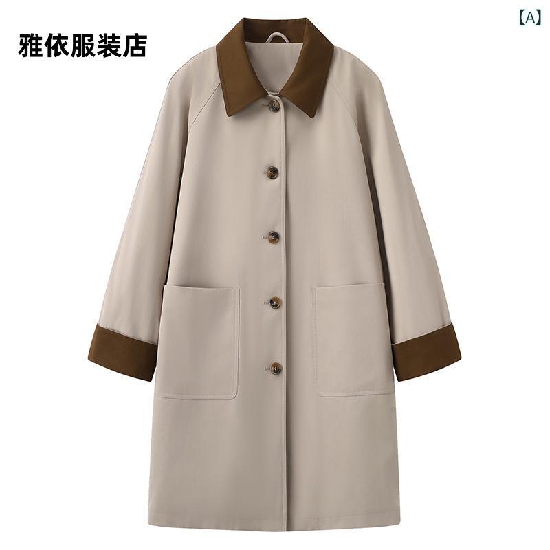 トレンチコート レディース 春夏 ミドル丈 アウター リラックス感 ゆったり 着痩せ効果 配色 切り替え 襟付き 長袖 シングルボタン カーキ ポリエステル 通勤 オフィス きれいめ 上品 大人カジュアル(4)