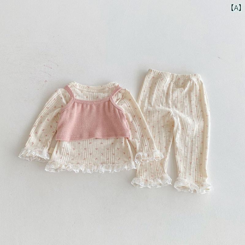 ・対象性別: 女児・スタイル: 韓国・カテゴリ: 子供服セット・セットタイプ: パンツセット・セット内容: 3点セット・ギフトセット内容: 服・対象年齢: 1〜3歳 (80〜100cm)・着用シーズン: 春、秋・袖丈: 長袖・フード: フードなし・パンツ丈: 長ズボン・生地加工: 柔軟加工・厚さ: 普通・柄: 無地、花柄・主な素材: 綿95%・基準: A類・留め具タイプ: プルオーバー・カラー展開: ピンク、ブルー・サイズ展開: 66cm、73cm、80cm、90cm、100cm