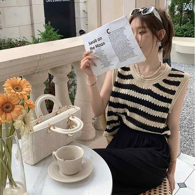 トップス レディース 韓国風 レトロ ストライプ ニット キャミソール タンクトップ ショート丈 ゆった..